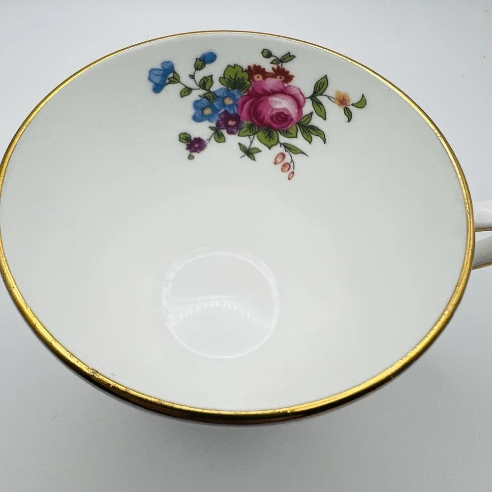 Crown Staffordshire Bone China Teacup Saucer Set Gold Pink Rose Floral England